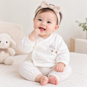 JESMARY – Áo Dài Tay Muslin Hai Lớp Họa Tiết Quả Dâu Mềm Thoáng Xinh Xắn Cho Bé